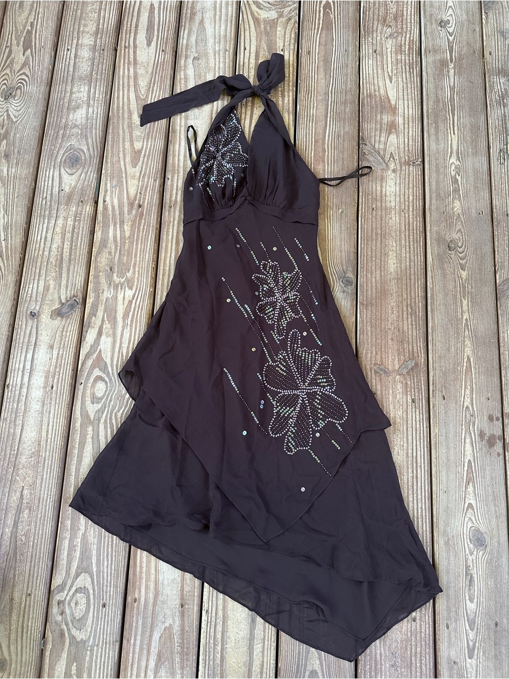 Y2K BCBGMAXAZRIA Brown Silk Sequin Halter Handkerchief Dress Size 6